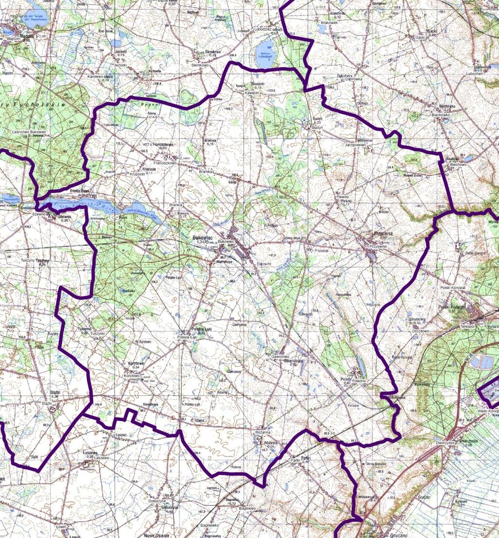 Fot. Mapa Gminy Bukowiec Pod względem fizyczno geograficznym, gmina Bukowiec położona jest w obszarze mezoregionu Wysoczyzny Świeckiej, wchodzącego w skład makroregionu Pojezierzy