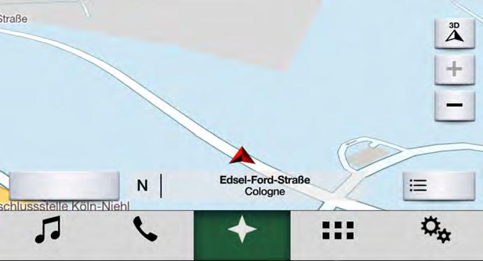 SYNC 3 E230654 A B C Oznaczenie Pozycja Widok mapy Powiększanie Zmniejszanie Kierunek jazdy u góry (2D) Północ u góry (2D) Tryb mapy 3D Opis Wyświetla kierunek jazdy u góry ekranu mapy.