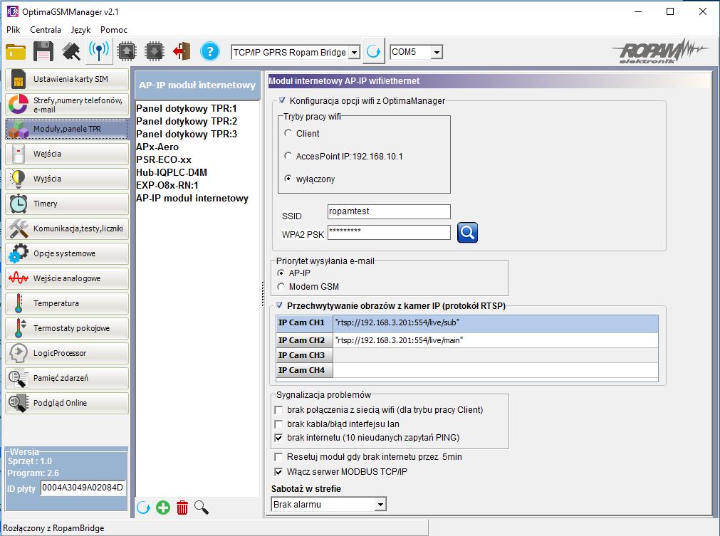 Ustawienie Wifi w trybie AccesPoint, SSID: apipx (x nr walizki!