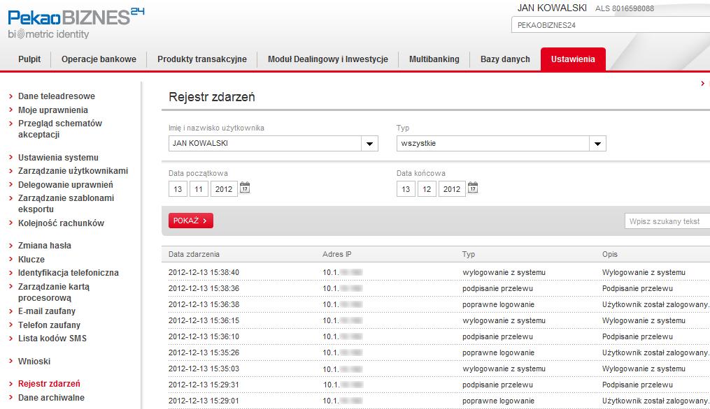 REJESTR ZDARZEŃ LOGI UJĘCIE LOGÓW W REJESTRZE ZDARZEŃ Dostęp do rejestru zdarzeń użytkowników (zawierającego logi systemowe) można uzyskać wybierając w Menu głównym