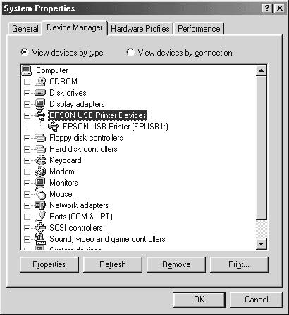Jeśli sterowniki są zainstalowane prawidłowo, na karcie Device Manager (Menedżer urządzeń) powinna znajdować się pozycja EPSON USB Printer Devices (Urządzenia drukujące USB firmy EPSON).