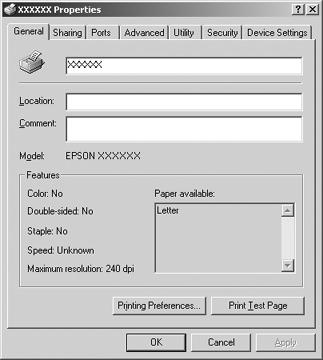 Kliknięcie pozycji Properties (Właściwości) w menu wyświetlonym po kliknięciu ikony drukarki prawym przyciskiem myszy powoduje wyświetlenie okna zawierającego karty z ustawieniami sterownika drukarki.