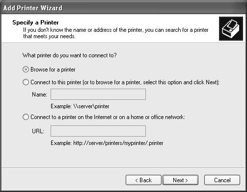 W systemie Windows 000 wybierz opcję Type the printer name, or click Next to browse for a printer (Wpisz nazwę drukarki lub kliknij przycisk Dalej, aby przeglądać w poszukiwaniu drukarki), następnie