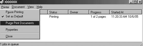 . W przypadku anulowania drukowania wszystkich dokumentów, w menu Printer (Drukarka) wybierz polecenie Purge Print Documents (Usuń drukowane dokumenty) (w systemach Windows Me lub 98) albo Cancel All
