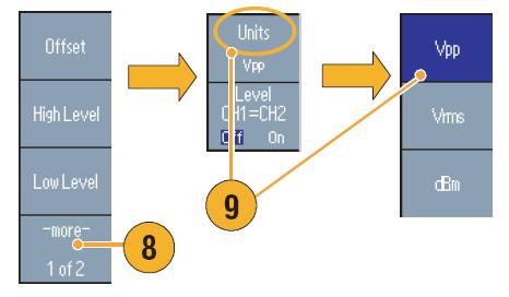 9. Następnie Units {9}, by wyświetliło się menu z dostępnymi jednostkami. 10. W sekcji Channel nad gniazdami BNC, znajdują się 3 przyciski.