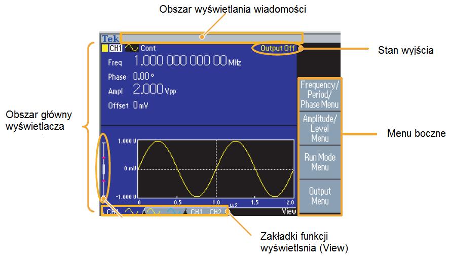 - przycisk View odpowiada za format wyświetlania sygnałów w obszarze głównym generatora: tryb pojedynczy jeden kanał, tryb podwójny informacje o dwóch kanałach wyświetlane jednocześnie, - klawiatura