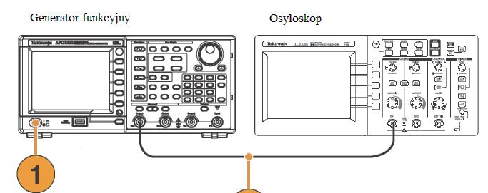 1. Włącz generator funkcyjny (włącznik znajduje się po lewej stronie pod wyświetlaczem, na rysunku oznaczony {1}).