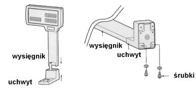 Proces instalacji wysięgnika powinien przebiegać następujący: Umieść wspornik wysięgnika z wyświetlaczem w uchwycie, Przykręć metalowy element mocujący do uchwytu a następnie przykręcić wysięgnik