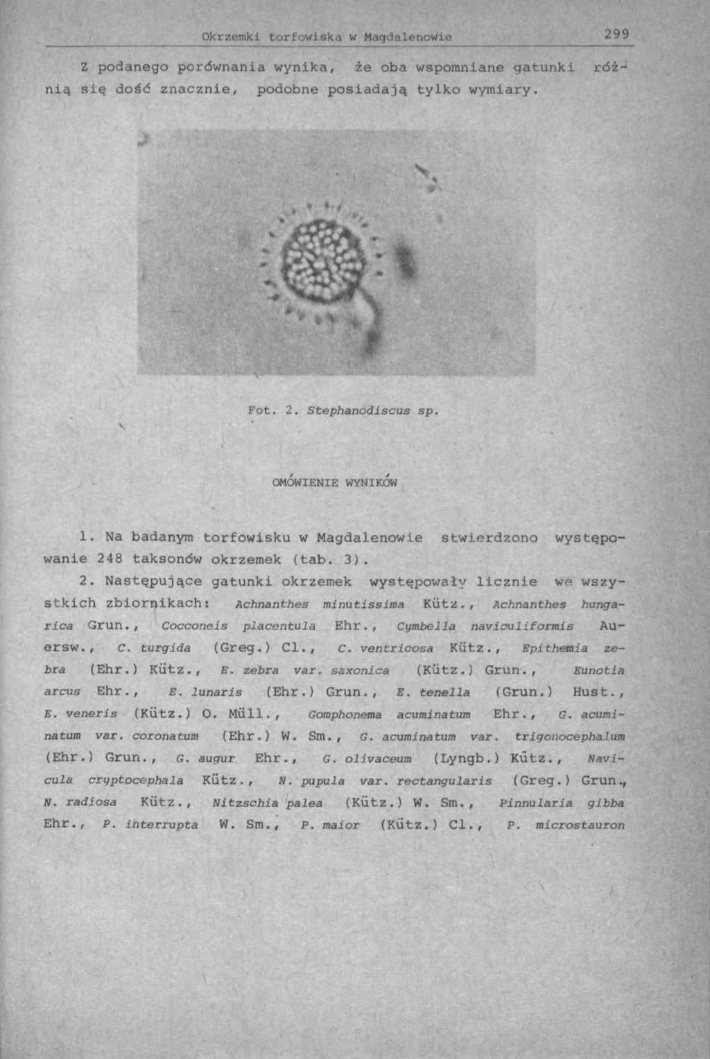 Z podanego porównania wynika, że oba wspomniane gatunki różnią się dość znacznie, podobne posiadają tylko wymiary. v Fot. 2. Stephanodiscus sp. OMÓWIENIE WYNIKÓW 1.
