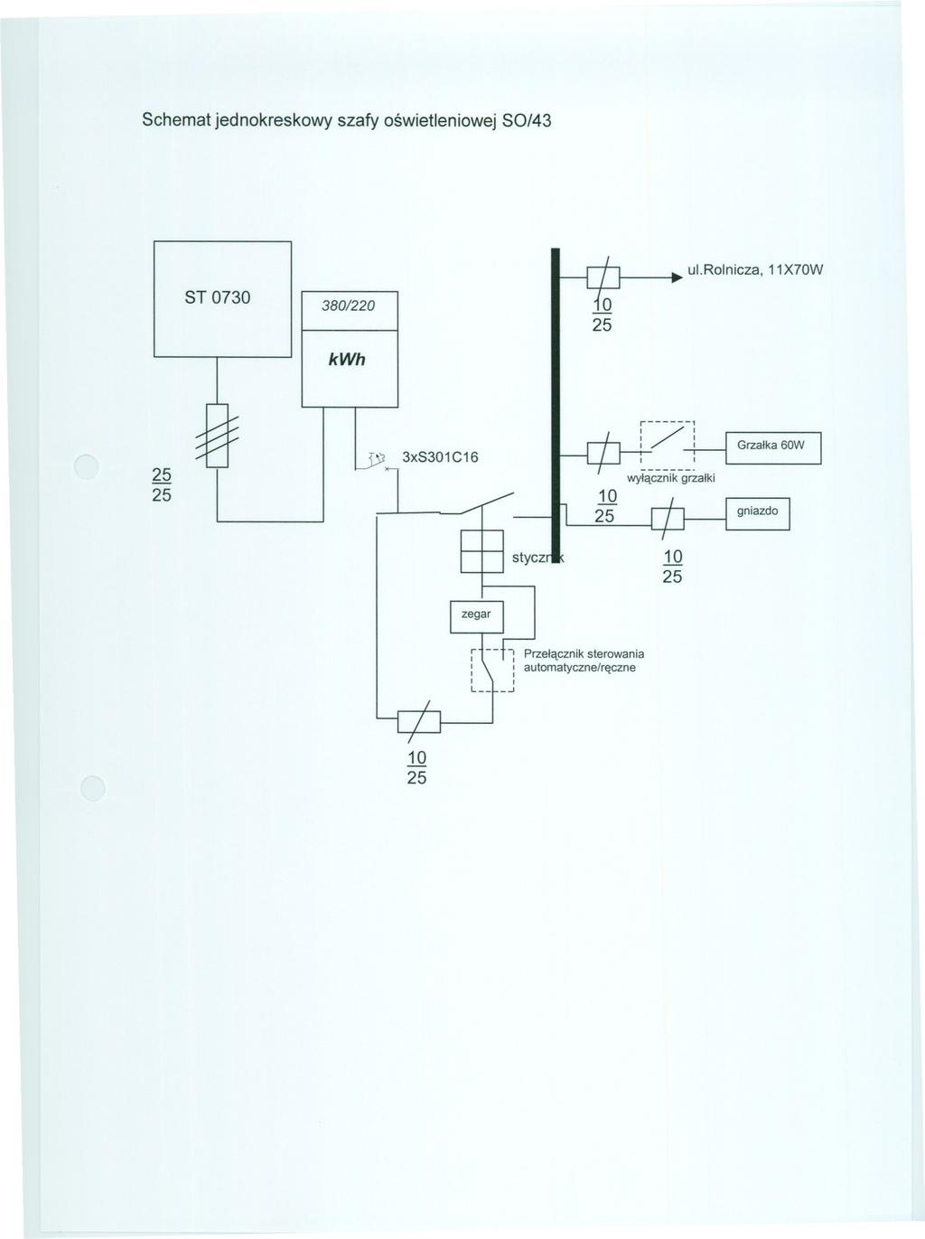 Schemat jednokreskowy szafy oswietleniowej SO/43 ul.