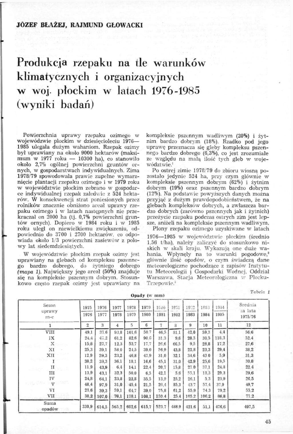 45 JÓZEF BŁAŻEJ, RAJMUND GŁOWACKI Produkcja rzepaku na tle warunków klimatycznych i organizacyjnych w woj.