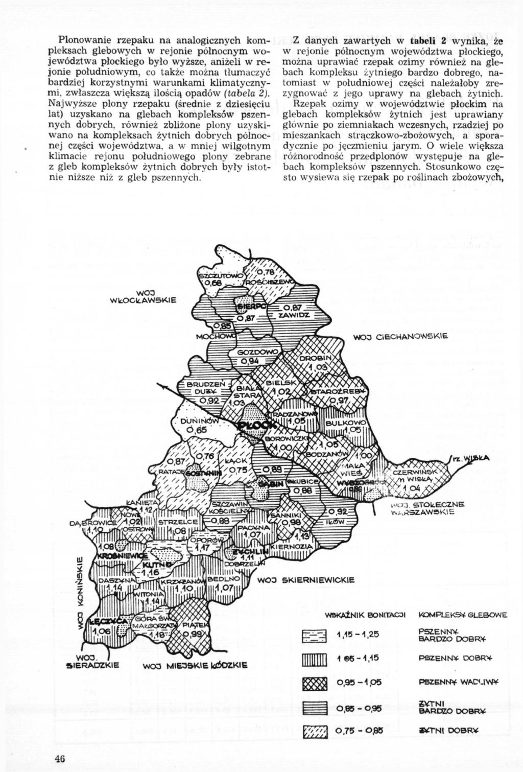 Plonowanie rzepaku na analogicznych kompleksach glebowych w rejonie północnym województwa płockiego było wyższe, aniżeli w rejonie południowym, co także można tłumaczyć bardziej korzystnymi warunkami