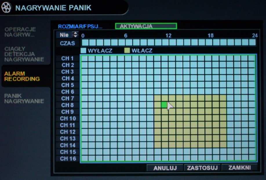 ALARM RECORDING W karcie ALARM RECORDING zawarte są ustawienia dotyczące trybu nagrywania obrazu i dźwięku z poszczególnych kanałów w trybie alarmowym (po aktywacji wejścia alarmowego).