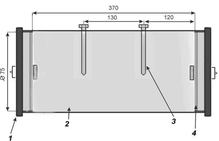 Rys. 1 Komora pomiarowa, 1 zatyczka, 2 badana próbka, 3 elektrody pomiarowe (M i N), 4 elektrody prądowe (A i B) Fig.