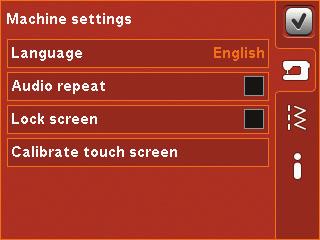 Menu ustawień W menu ustawień (Settings menu) można zmieniać ustawienia domyślne oraz zmieniać ustawienia opcji maszyny i szycia.