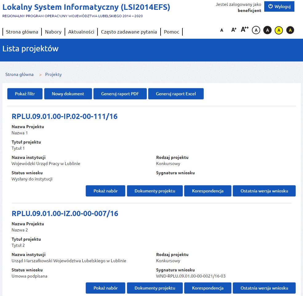 Zawartość kafla Projekty: Funkcje wspólne kafla Projekty: Pokaż filtr pozwala filtrować dane po zadanych parametrach; Nowy dokument pozwala na rozpoczęcie edycji wniosku o dofinansowanie nie wchodząc