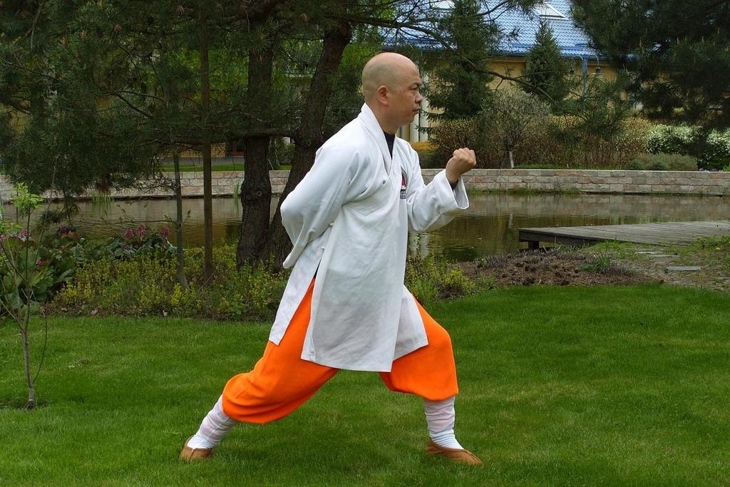 12 fot.16. fot.16: Mistrz Shi De Hong praktykujący ćwiczenie qigong systemu Shaolin Yi Jin JIng o nazwie: Pociągnij dziewięć razy byka za ogon. 6. Przeciąganie się.