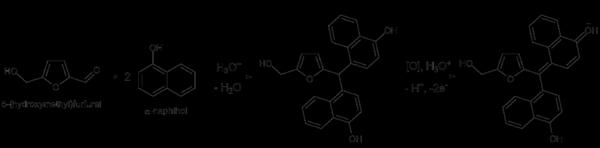 Grupa aldehydowa powstałego furfuralu reaguje z dwiema cząsteczkami -naftolu z odczynnika Molischa (roztwór -naftolu w etanolu), tworząc wielopierścieniowe produkty o barwie czerwono fioletowej.