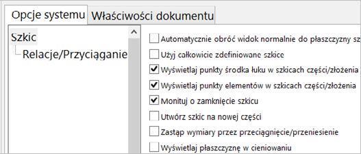 Podstawy pracy w programie SolidWorks Ustawienia szkicu Rysunek 2.1. Okno Opcje systemu, kategoria Szkic Przed rozpoczęciem pracy warto zapoznać się z najważniejszymi ustawieniami szkicu.