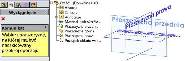 Przykład dostępnych właściwości polecenia Wyciągnięcie dodania/bazy W przypadku wydania jako pierwszego polecenia wykonywania bryły (bez wcześniejszego zaznaczenia płaszczyzny) należy wskazać