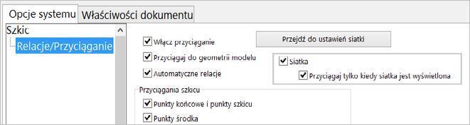 Wybrane ustawienia oznaczają: Włącz przyciąganie umożliwia ustawienie punktów (np. końców linii) na już istniejących obiektach.