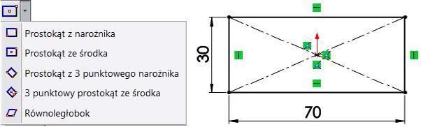 Rysunek 2.58. Opcje rysowania prostokąta i wymiary Prostokąta ze środka narysuj Prostokąt ze środka, rozpoczynając od środka układu współrzędnych.