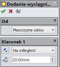 Właściwości operacji Wyciągnięcie dodania/bazy na pasku Operacje kliknij Wyciągnięcie dodania/bazy. Głębokość wyciągnięcia ustal na 20 mm (rysunek 2.59), Rysunek 2.