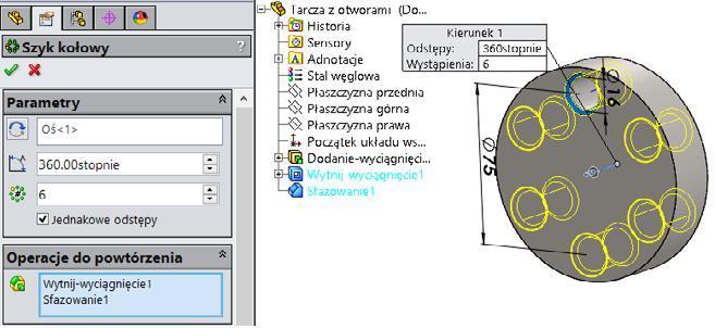 103), wybierz operacje Wytnij wyciągnięcie i Sfazowanie (można klikać ścianę bryły lub rozwinąć pomocnicze drzewo i wybierać z drzewa) i