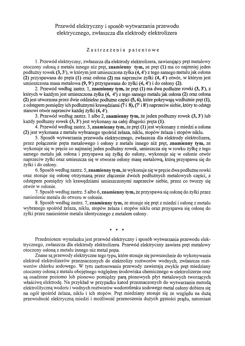 Przewód elektryczny i sposób wytwarzania przewodu elektrycznego, zwłaszcza dla elektrody elektrolizera Zastrzeżenia patentowe 1.