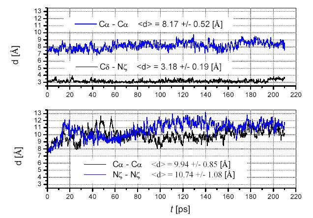 Odległości między resztami 290 i 342 obu form antytrypsyny (310K) Zależność czasowa odległości między wybranymi atomami w resztach nr