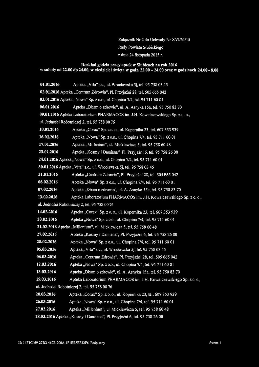 Załącznik Nr 2 do Uchwały Nr XVl/64/l 5 Rady Powiatu Słubickiego z dnia 24 listopada 2015 r. Rozkład godzin pracy aptek w Słubicach na rok 2016 w soboty od 22.00 do 24.00, w niedziele i święta w godz.