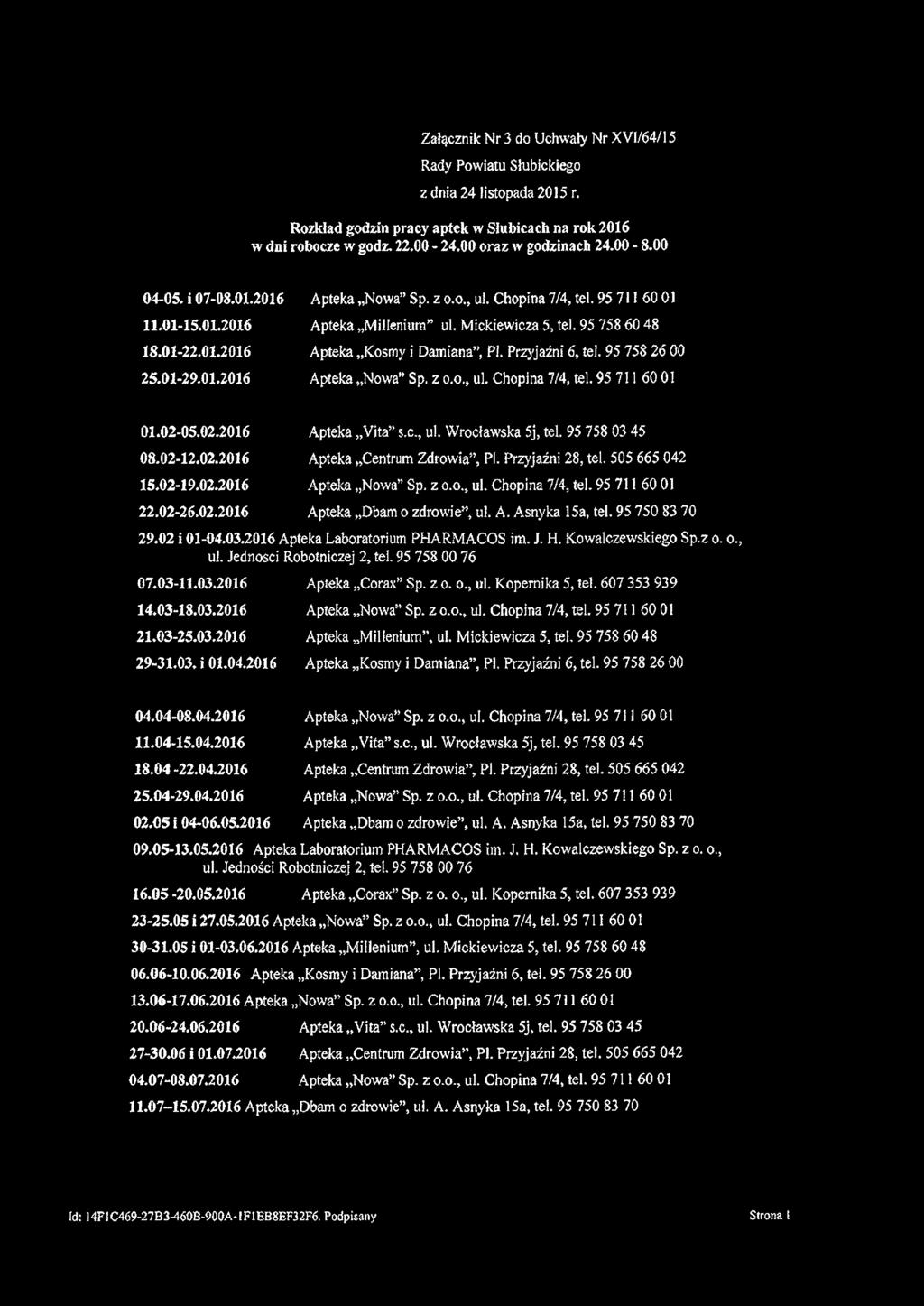 Załącznik Nr 3 do Uchwały Nr X VI/64/l 5 Rady Powiatu Słubickiego z dnia 24 listopada 2015 r. Rozkład godzin pracy aptek w Słubicach na rok 2016 w dni robocze w godz. 22,00-24,00 oraz w godzinach 24.
