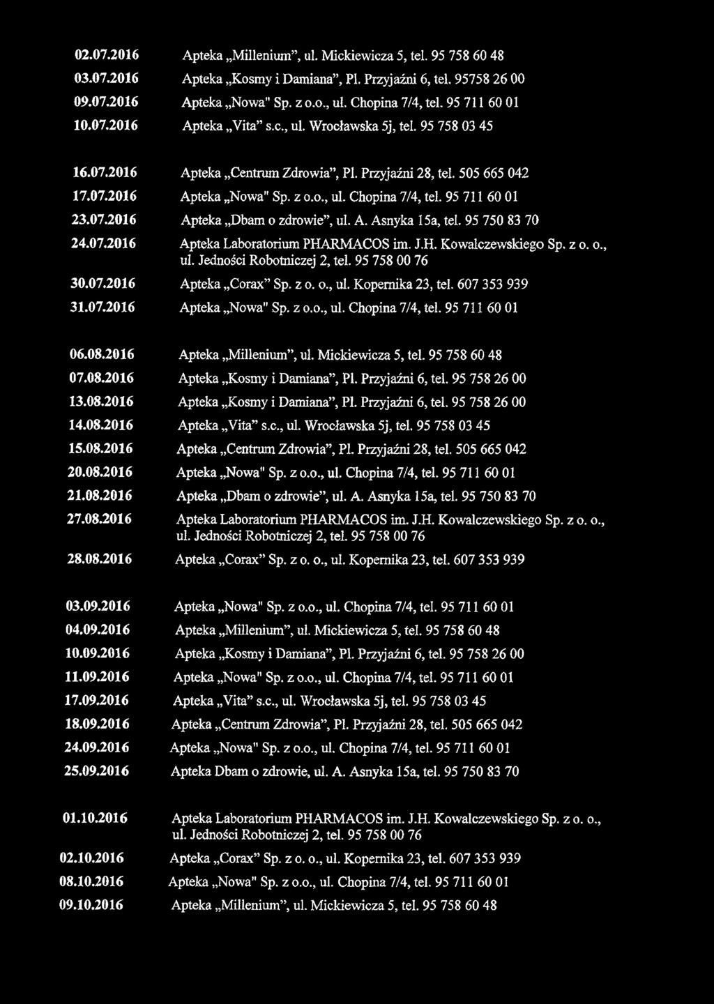 02.07.2016 03.07.2016 09.07.2016 10.07.2016 Apteka Millenium, ul. Mickiewicza 5, tel. 95 758 60 48 Apteka Kośmy i Damiana, PI. Przyjaźni 6, tel. 95758 26 00 Apteka Vita s.c., ul. Wrocławska 5j, tel.