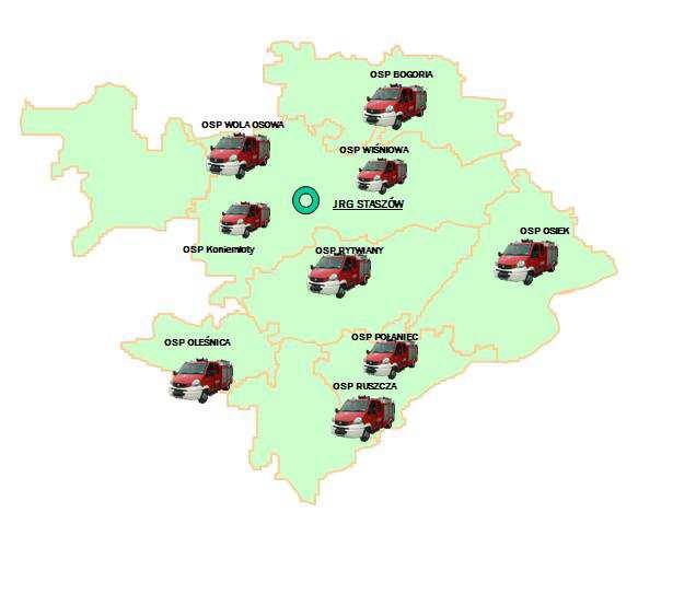 Położenie Jednostki Ratowniczo Gaśniczej Komendy Powiatowej Państwowej Straży Pożarnej w centralnej części powiatu oraz rozsirodkowanie jednostek OSP z KSRG w poszczególnych gminach zapewnia w miarę