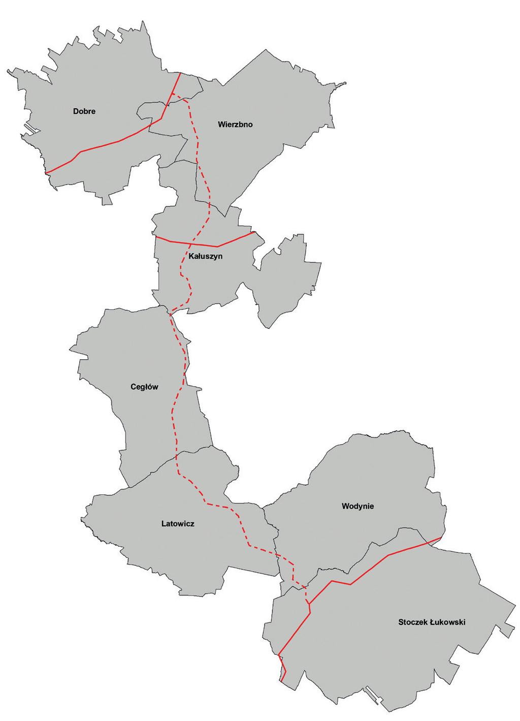 Trasa linii Linia 400 kv Stanisławów - Narew Linia 400 kv Stanisławów - Siedlce Ujrzanów Linia 400 kv Kozienice - Siedlce Ujrzanów Długość odcinków linii w gminach