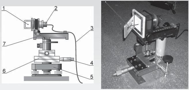 10 J. Kuchmister i in. Wiązka światła laserowego (rys. 6.) po przejściu przez półprzepuszczalną płytkę (1) kierowana jest na ekran kamery CCD (2).