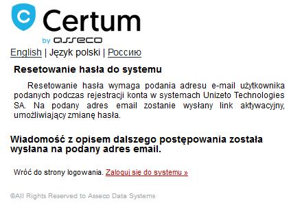 Rysunek 14: Resetowane hasła użytkownika. Należy wprowadzić nazwę użytkownika ( adres e-mail ). Na adres e-mail zostanie wysłany link do resetowania hasła.