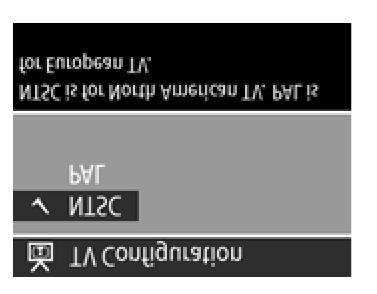 Zmiana konfiguracji TV. Ta opcja określa format sygnału wideo, służącego do wyświetlania obrazu z aparatu na telewizorze za pomocą opcjonalnego kabla lub stacji dokującej HP.