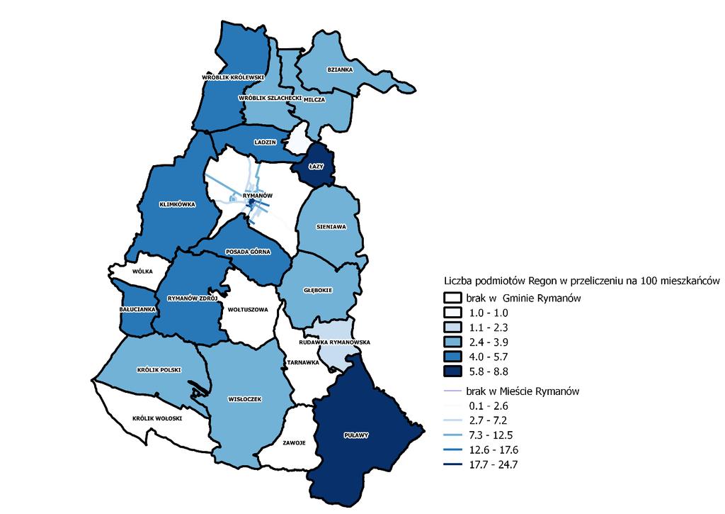 Zielona 16 7,21 Miasto Rymanów 304 7,89 Bałucianka 7 4,93 Bzianka 20 3,31 Głębokie 23 3,19 Klimkówka 80 4,28 Królik Polski 26 3,23 Ladzin 21 4,48 Łazy 8 8,25 Milcza 42 3,86 Posada Górna 70 4,16