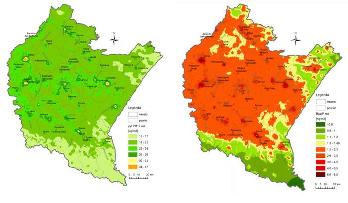 Rysunek 10. Rozkład stężeń średniorocznych pyłu PM10 i benzo(a)pirenu w woj. podkarpackim w 2016 r. Źródło: Roczna ocena jakości powietrza w województwie podkarpackim.