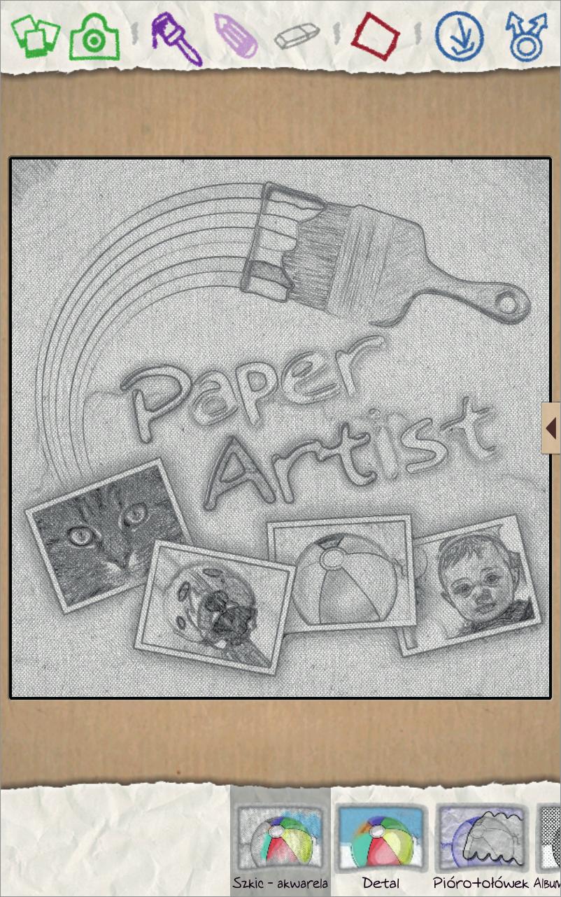 Multimedia Paper Artist Można użyć tej aplikacji, aby sprawić, by obrazy wyglądały jak ilustracje z zabawnymi efektami lub ramkami. Dotknij Paper Artist na ekranie aplikacji.