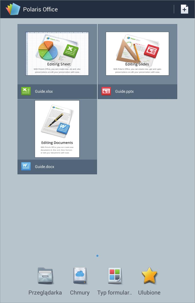 Narzędzia Polaris Office Ta aplikacja służy do edycji dokumentów w różnych formatach łącznie z arkuszami kalkulacyjnymi i prezentacjami. Dotknij Polaris Office na ekranie aplikacji.