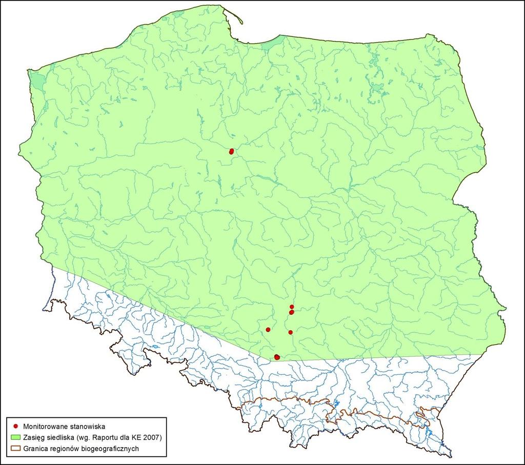 Ryc. 1. Mapa rozmieszczenia stanowisk monitoringowych na tle zasięgu geograficznego siedliska Wszystkie wybrane stanowiska położone są w regionie kontynentalnym.