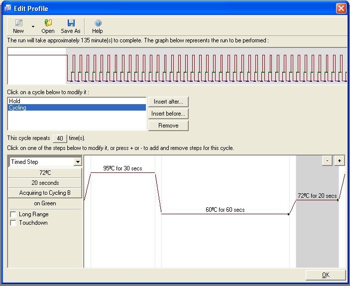 1 2 Rysunek 22. Rejestrowanie dla etapu cykli przy 60 C. 18. Zaznaczyć opcję 72 C for 20 secs (72 C przez 20 sekund) i usunąć tę sekcję, a następnie kliknąć przycisk OK (Rysunek 23).