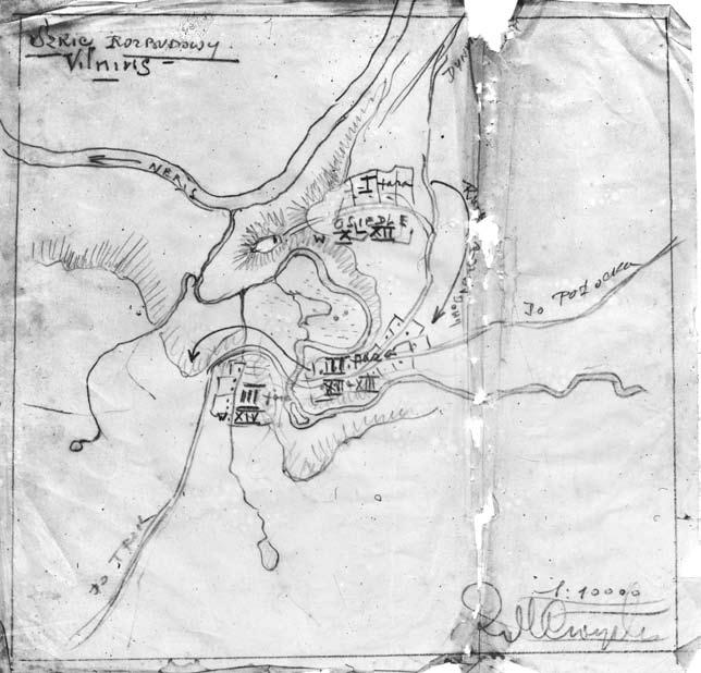 15. Zigmuntas Mečislovas Čaikovskis, Vilniaus miesto plėtra. X XIV a., popierius, pieštukas, saugojimo vieta nežinoma Zygmunt Mieczysław Czaykowski, The Development of Vilnius City. 10 th 14 th c.