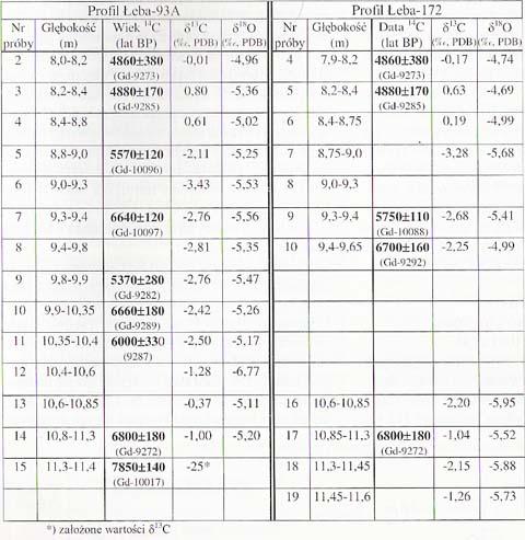 Wyniki datowania radiowęglowego oraz pomiaru składu