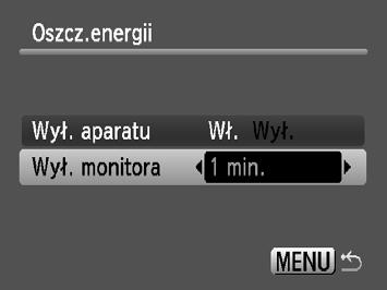 ], należy pamiętać owyłączeniu aparatu po zakończeniu korzystania z niego. Ustawianie czasu wyłączania ekranu Czas automatycznego wyłączenia ekranu można ustawić na wyłączanie automatyczne (str. 44).