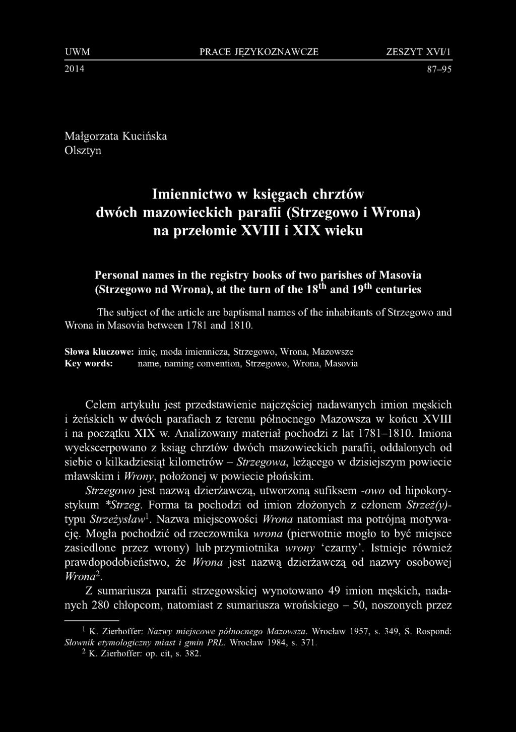and Wrona inmasovia between 1781 and 1810.