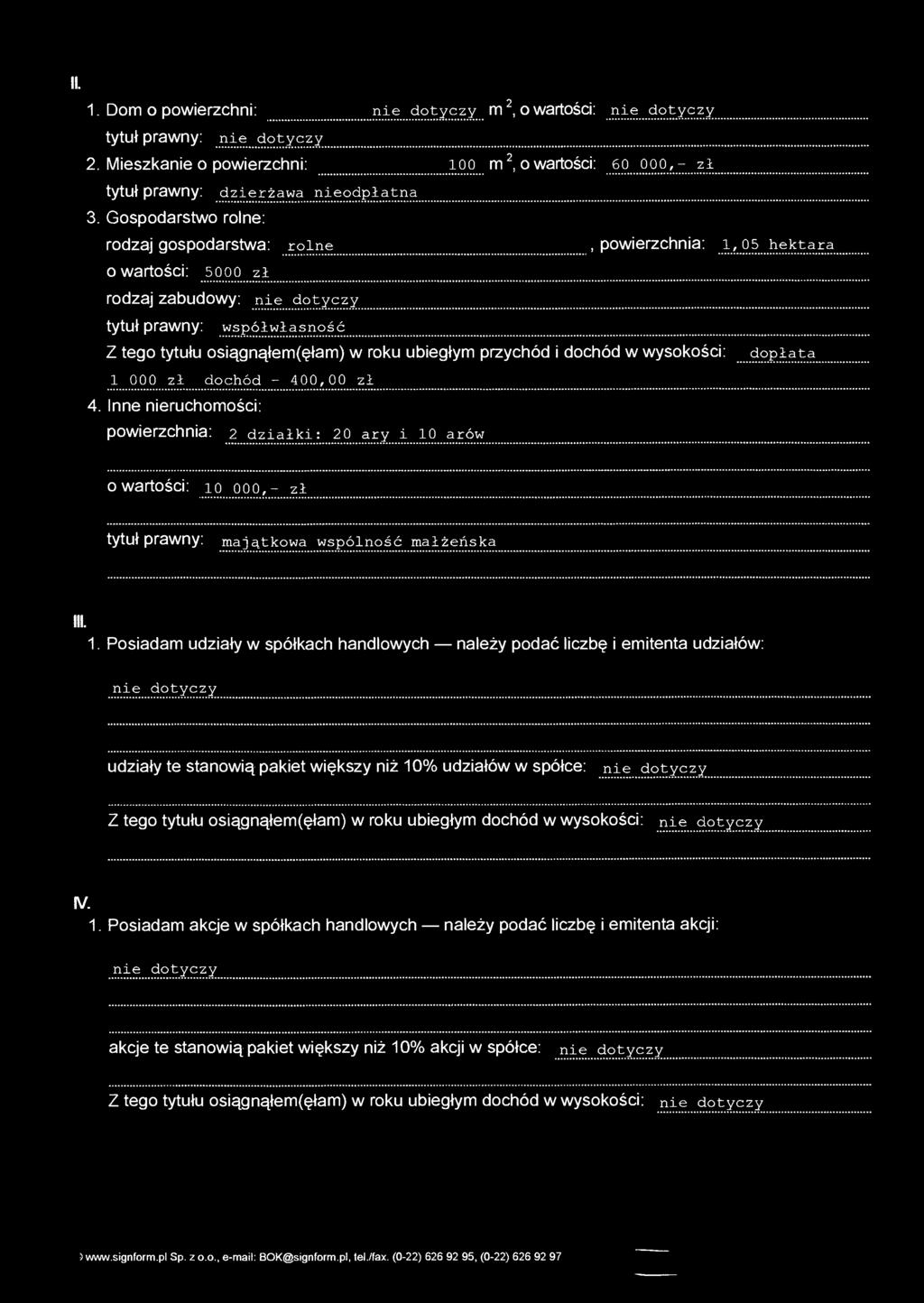 II. 1. Dom O powierzchni: m 2, O wartości: tytuł prawny: 2. Mieszkanie 0 powierzchni: 100 m 2, 0 wartości: 60 000,- zł tytuł prawny: dzierżawa nieodpłatna 3.
