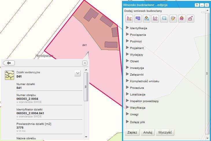 Rysunek 6 Formatka edycji - Wnioski budowlane edycja Użytkownik wprowadza za pomocą dostępnych narzędzi geometrię wniosku (rysuje dowolną geometrię, pobiera geometrię z selekcji lub szkicownika).